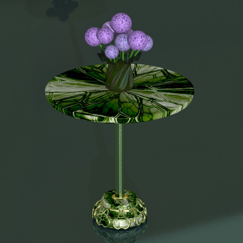 mesa de cristal con jarron de hortensias