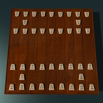 render del tablero y de las piezas de shogi desde arriba